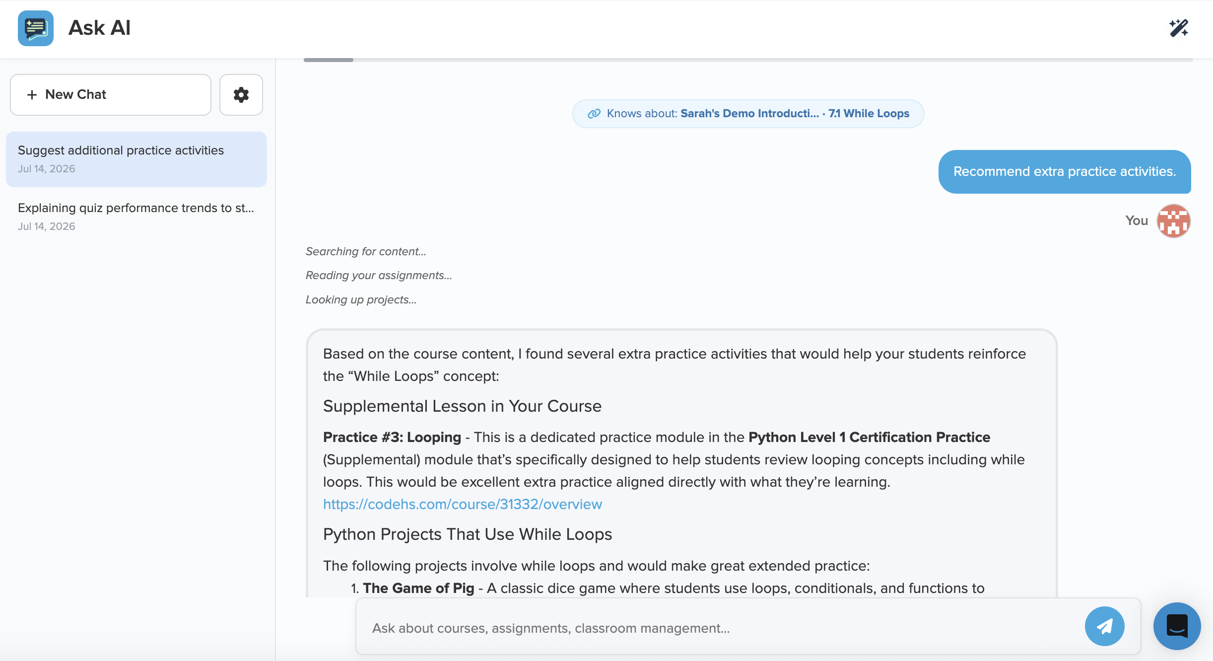 Ask AI chat interface showing a teacher exploring courses and classroom tools
