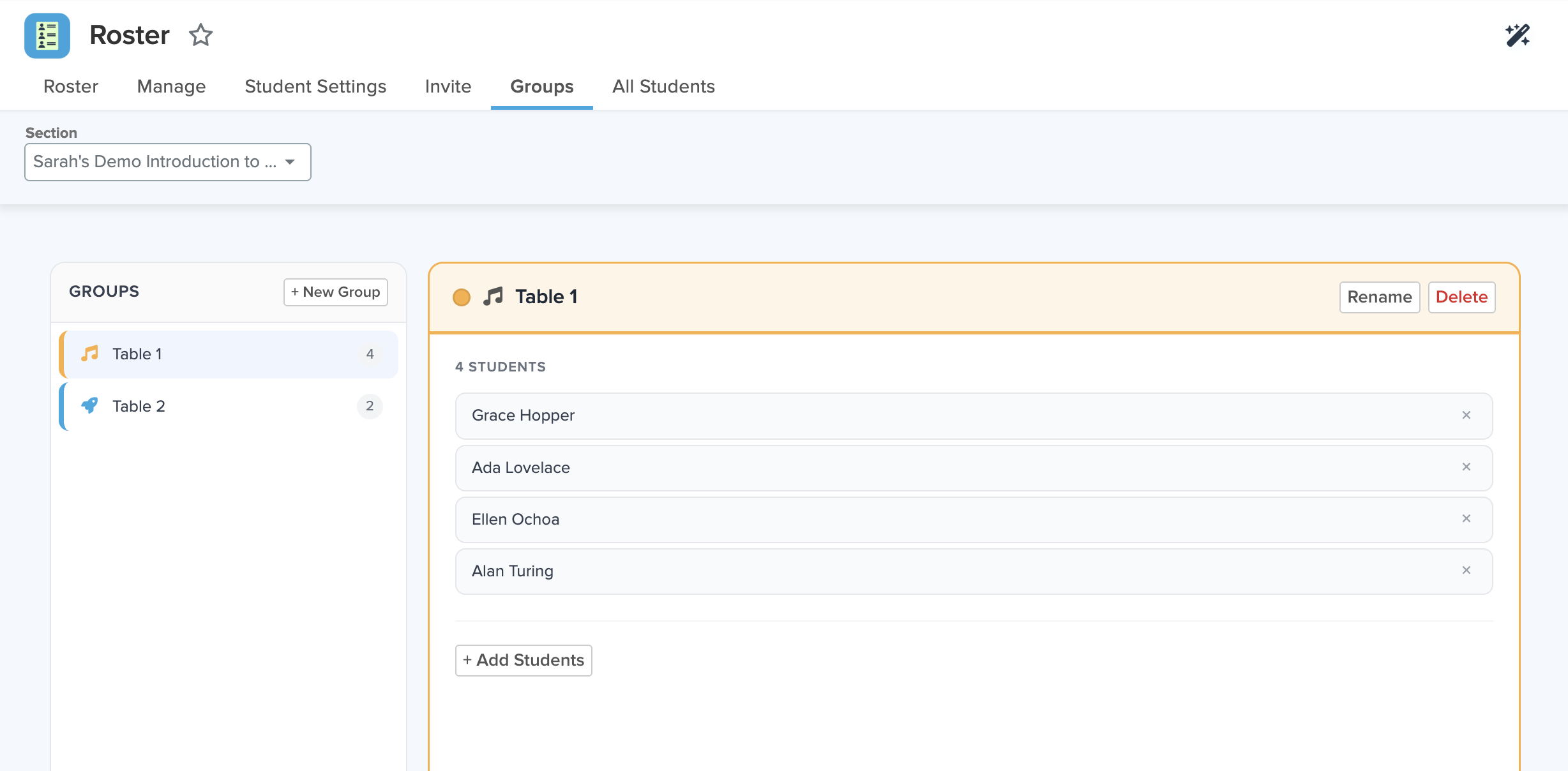Student Groups in the Roster app with color-coded groups